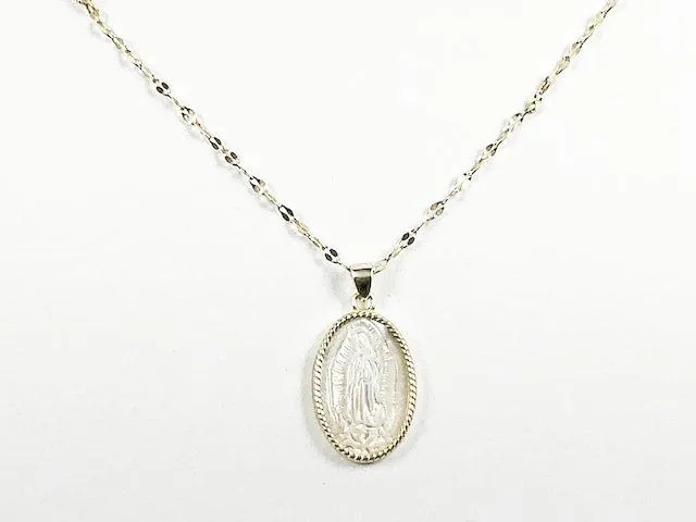 Elegant Mother Of Pearl Religious Guadalupe Figure Gold Tone Silver Necklace