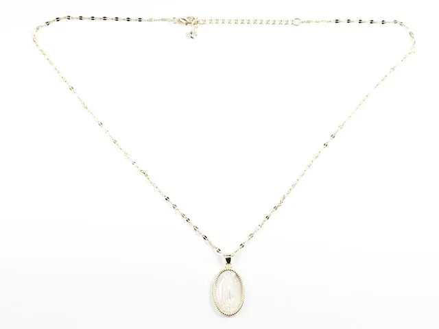 Elegant Mother Of Pearl Religious Guadalupe Figure Gold Tone Silver Necklace