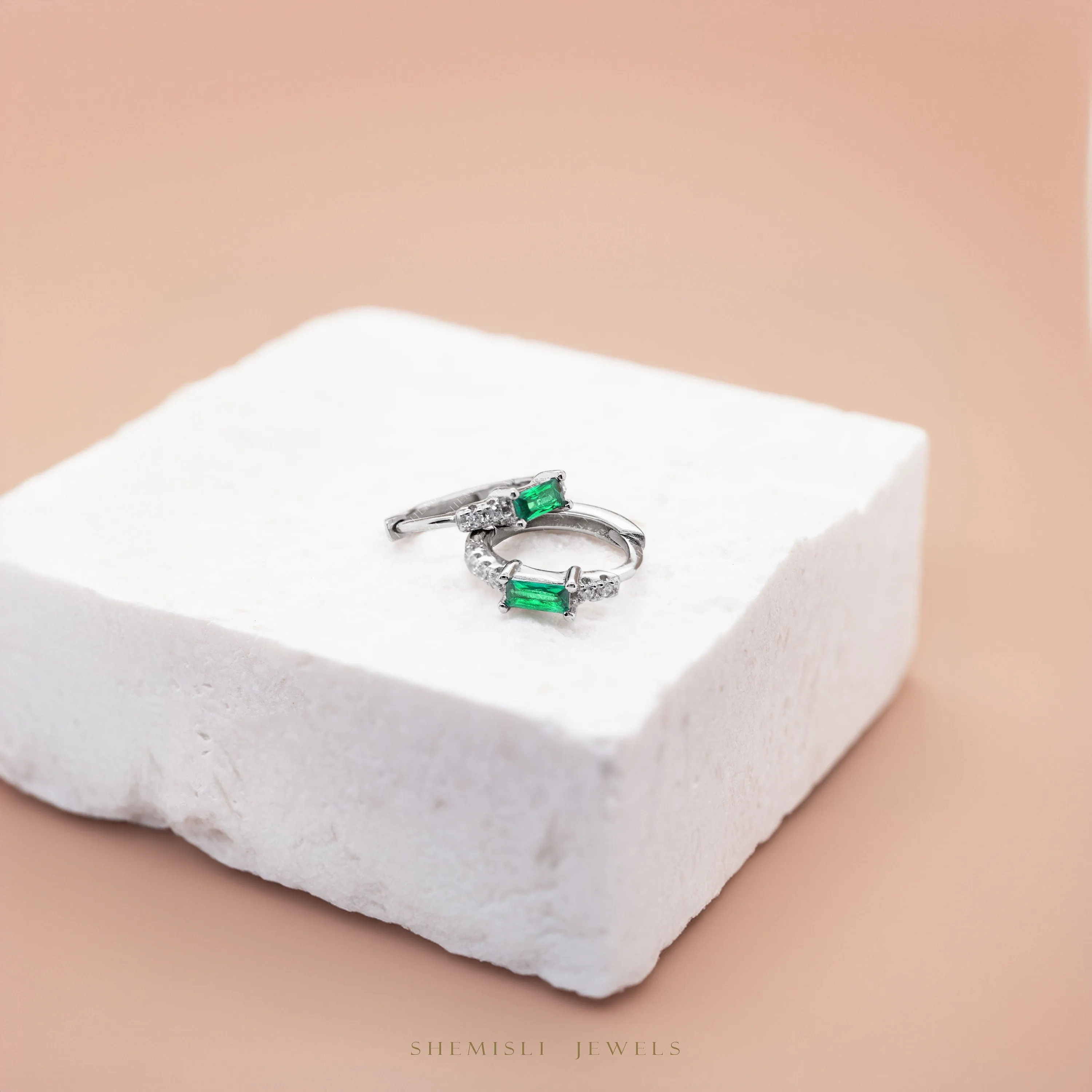 Emerald Baguette CZ Hoops, Clear Stone, Unisex, Gold, Silver SHEMISLI - SH324