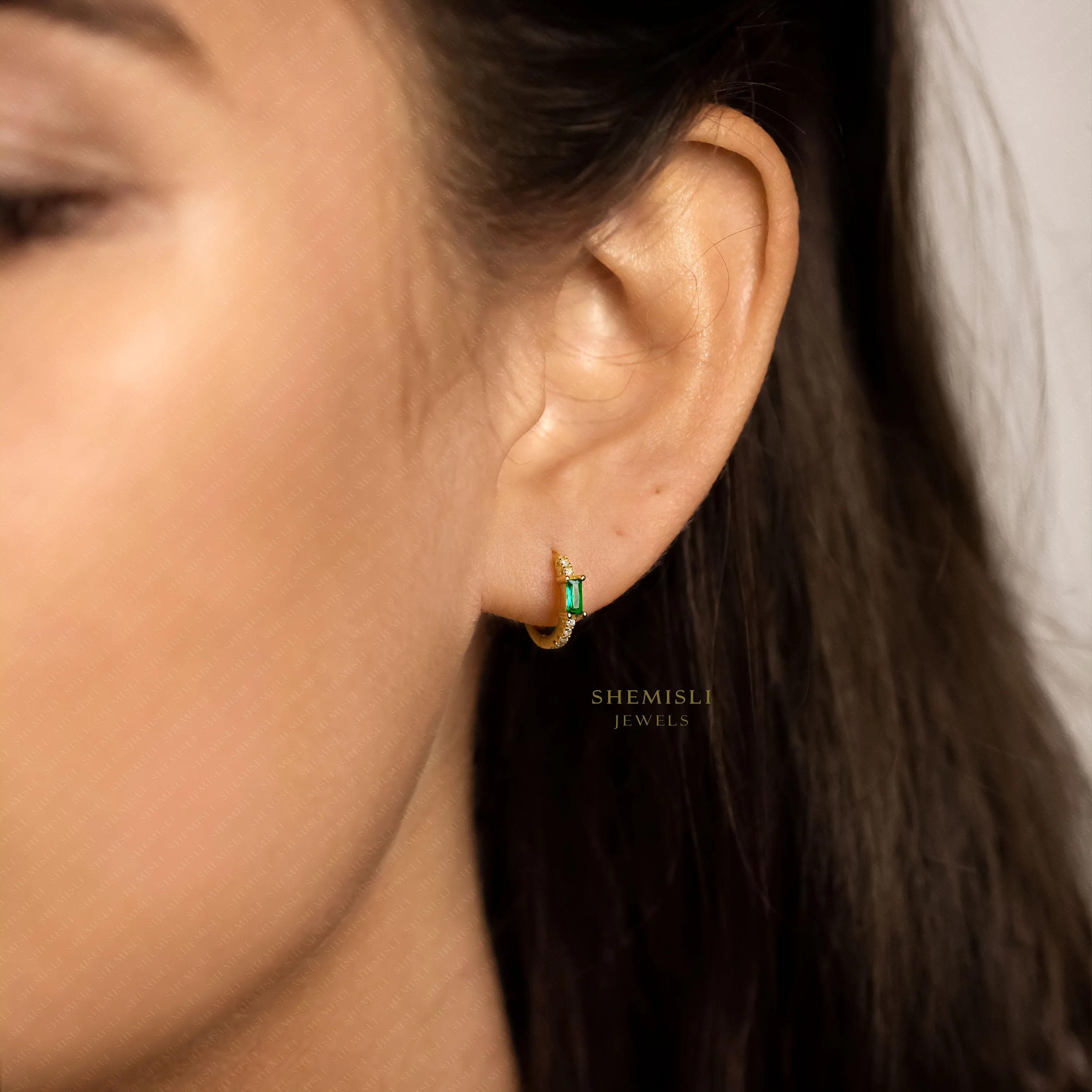 Emerald Baguette CZ Hoops, Clear Stone, Unisex, Gold, Silver SHEMISLI - SH324