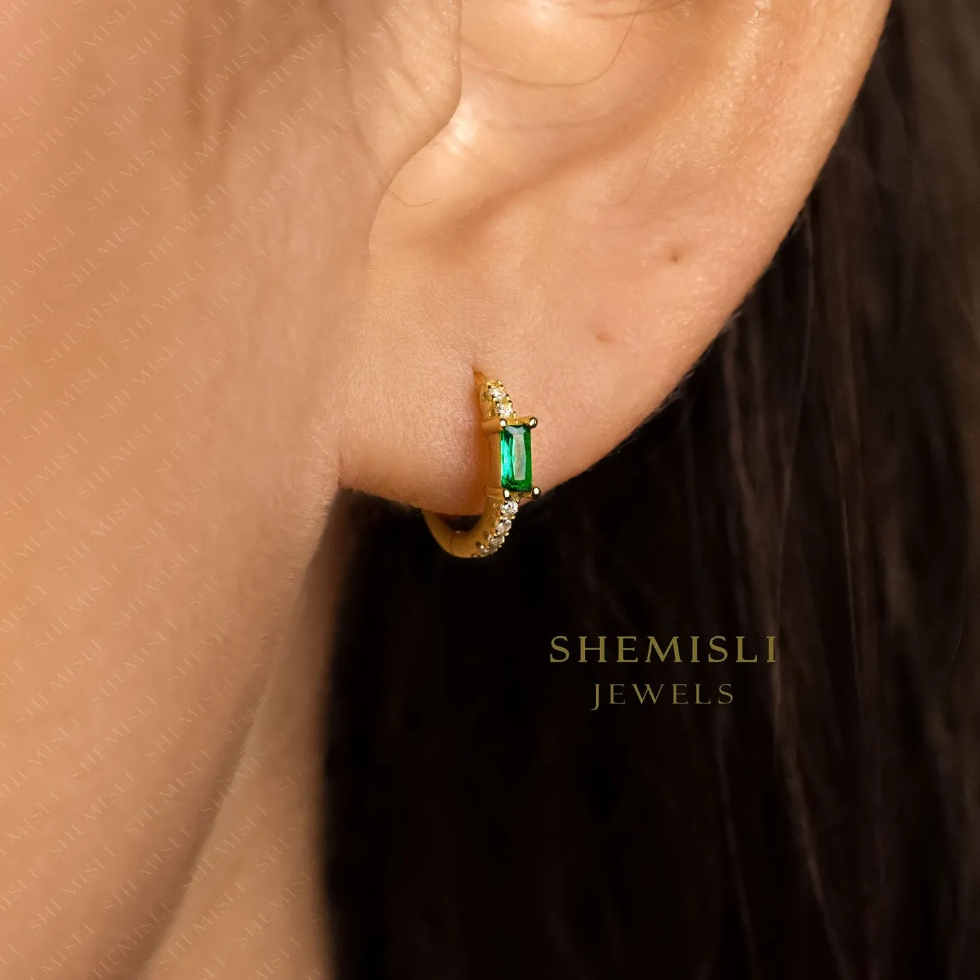 Emerald Baguette CZ Hoops, Clear Stone, Unisex, Gold, Silver SHEMISLI - SH324