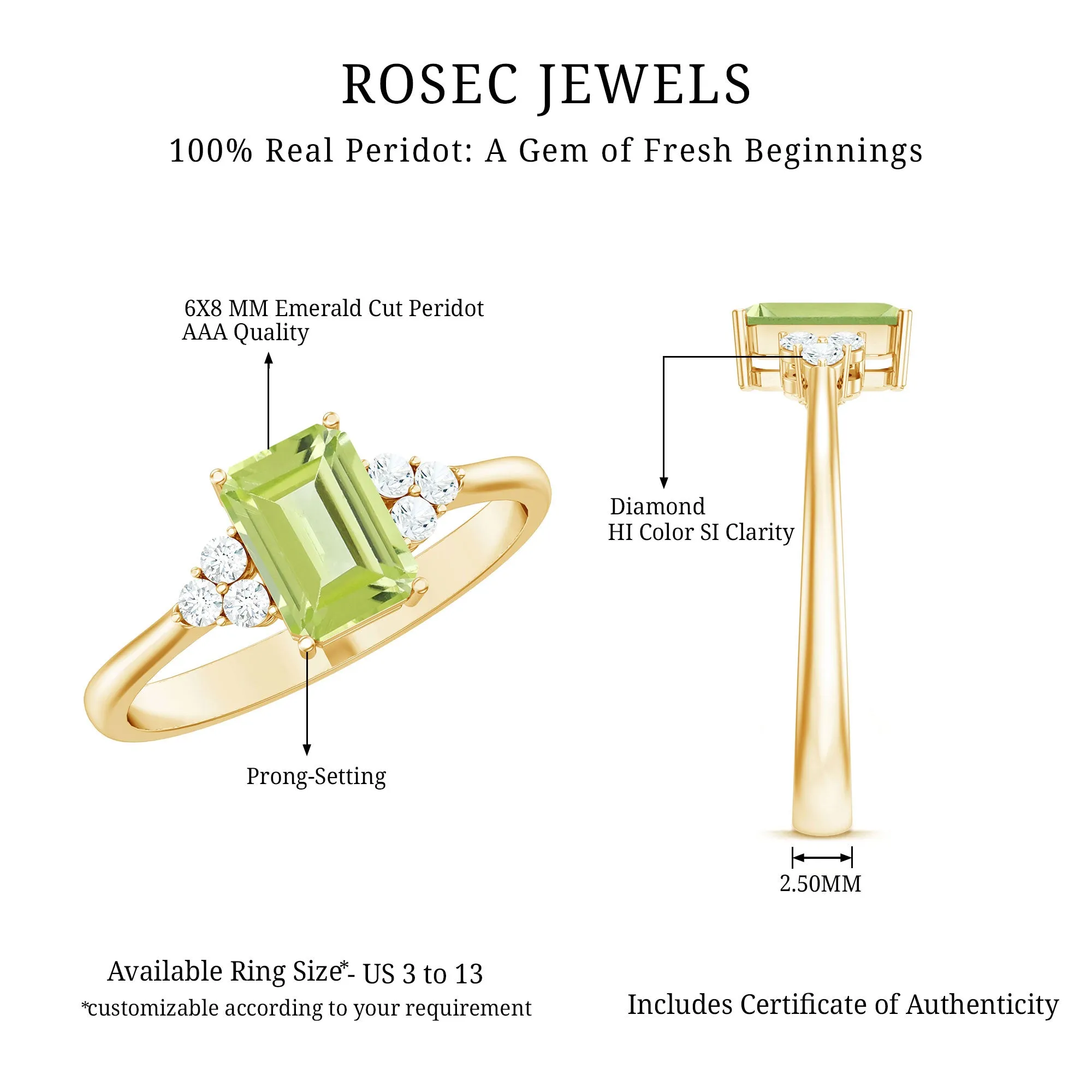 Emerald Cut Peridot Engagement Ring with Diamond Trio