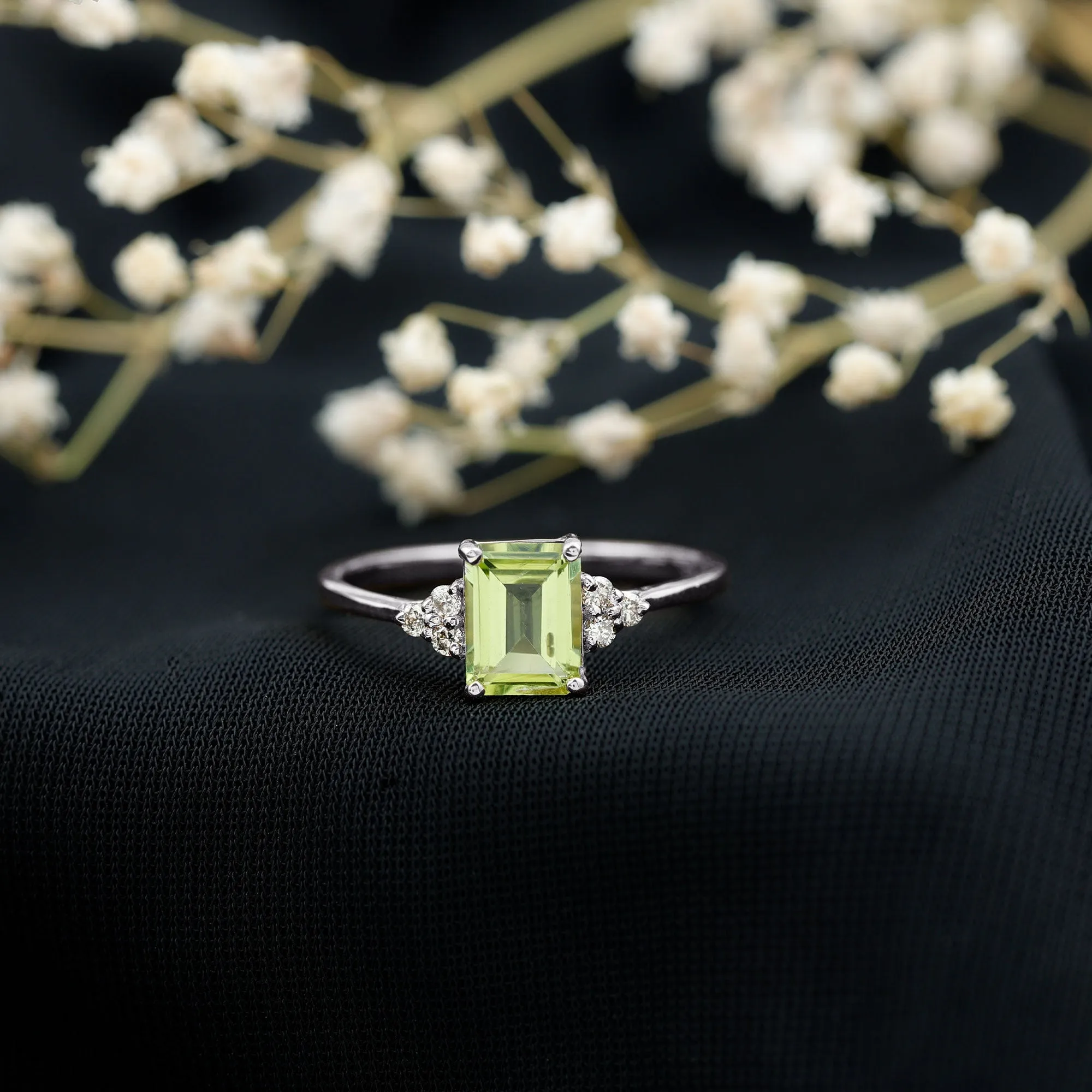 Emerald Cut Peridot Engagement Ring with Diamond Trio
