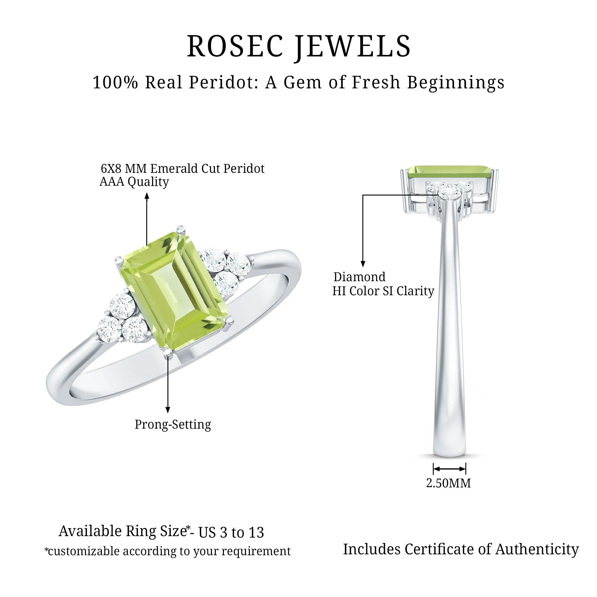 Emerald Cut Peridot Engagement Ring with Diamond Trio