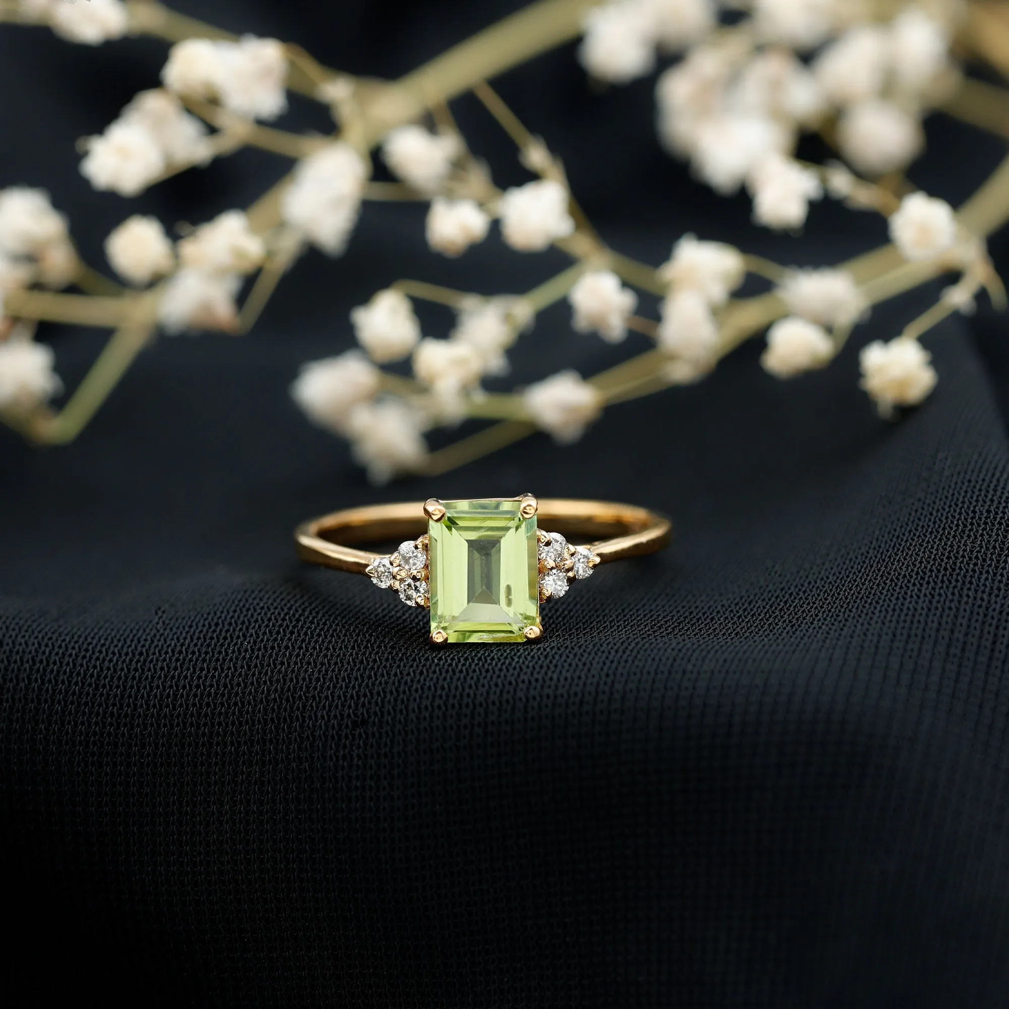 Emerald Cut Peridot Engagement Ring with Diamond Trio