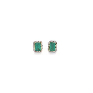 Emerald Stud Earrings with Diamond Halo