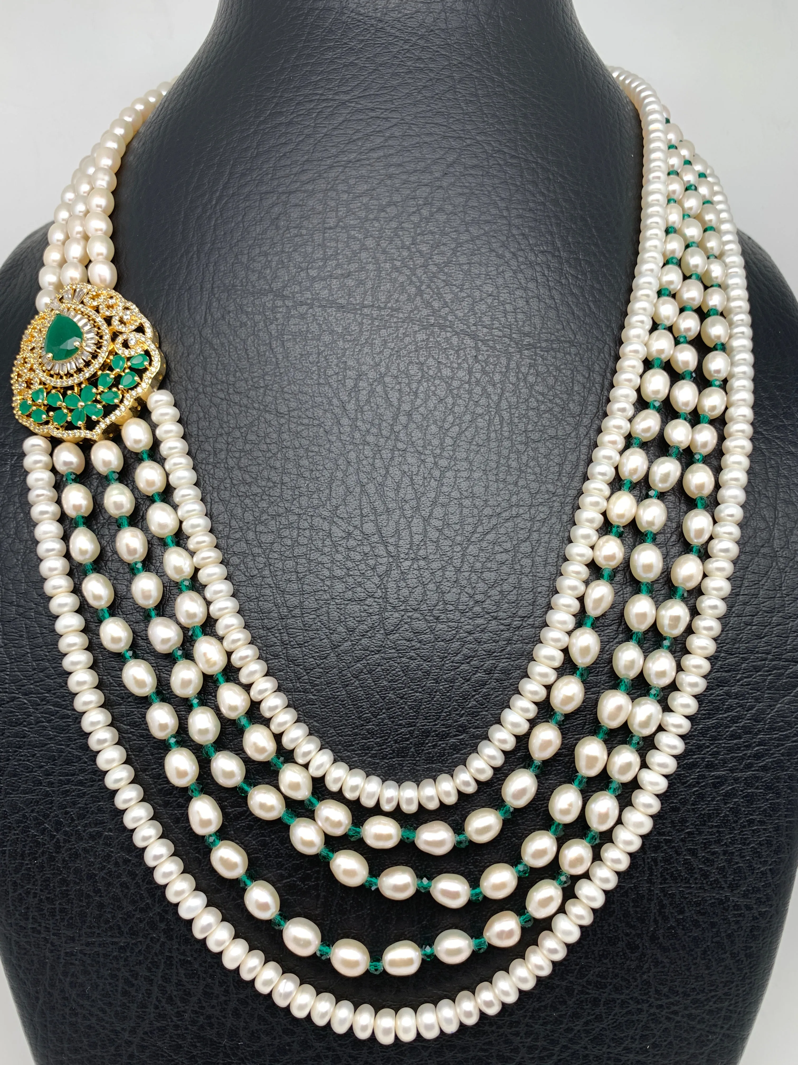 Emrald Green Stone AD Side Pendent Traditional 5 Strand Raani Haar with Real Pearls