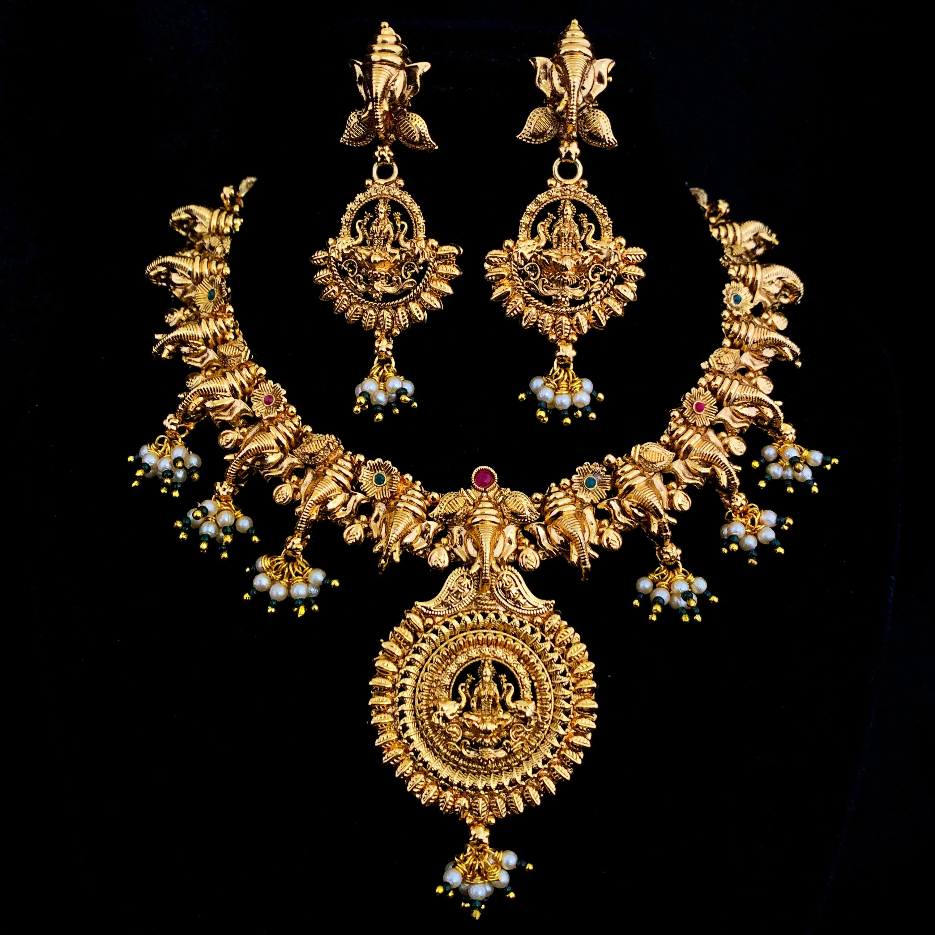 Exquisite Antique Lakshmi Ganesha Necklace Set, Temple Jewelry