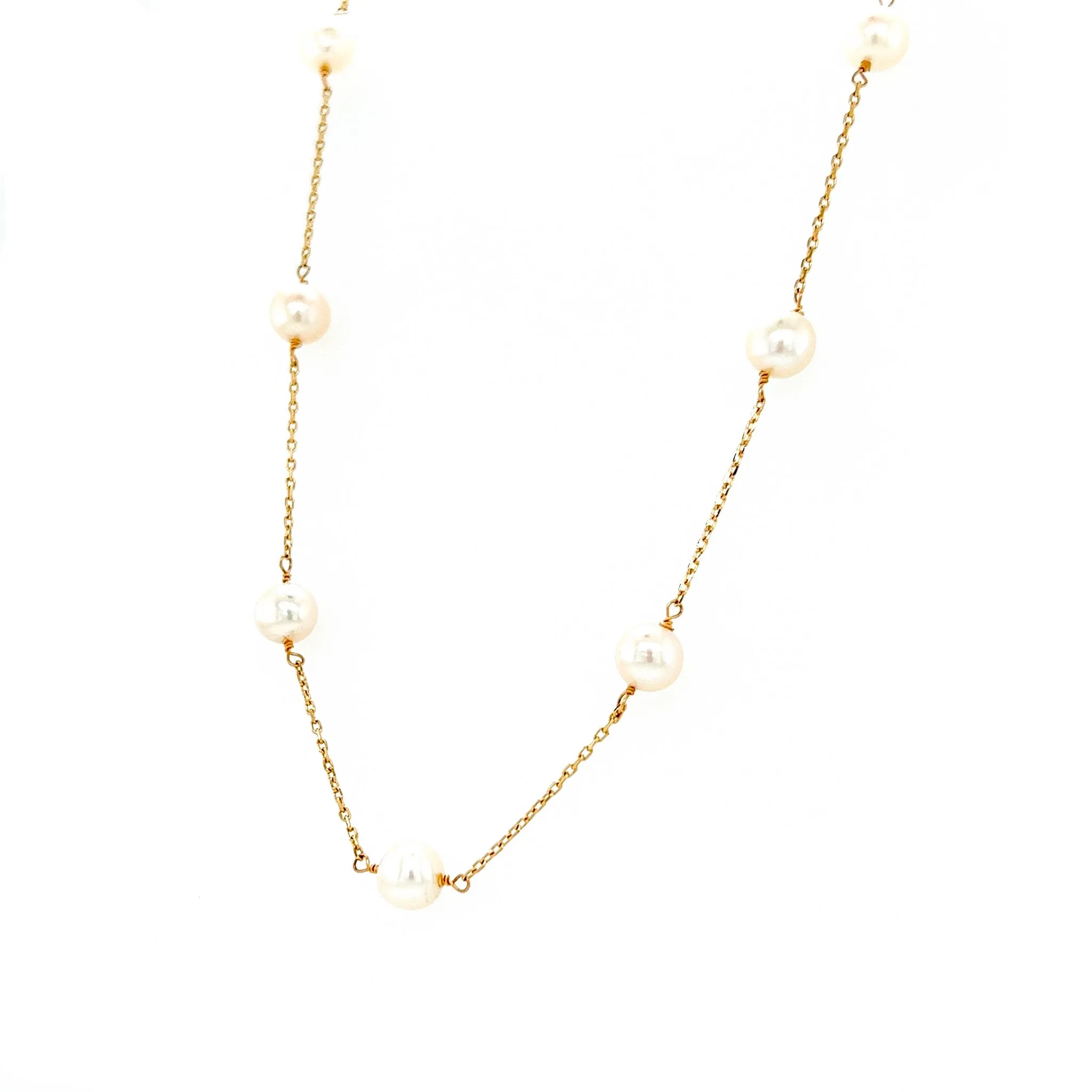 Freshwater Pearl Station Necklace with Fourteen Pearls in 14K Yellow Gold