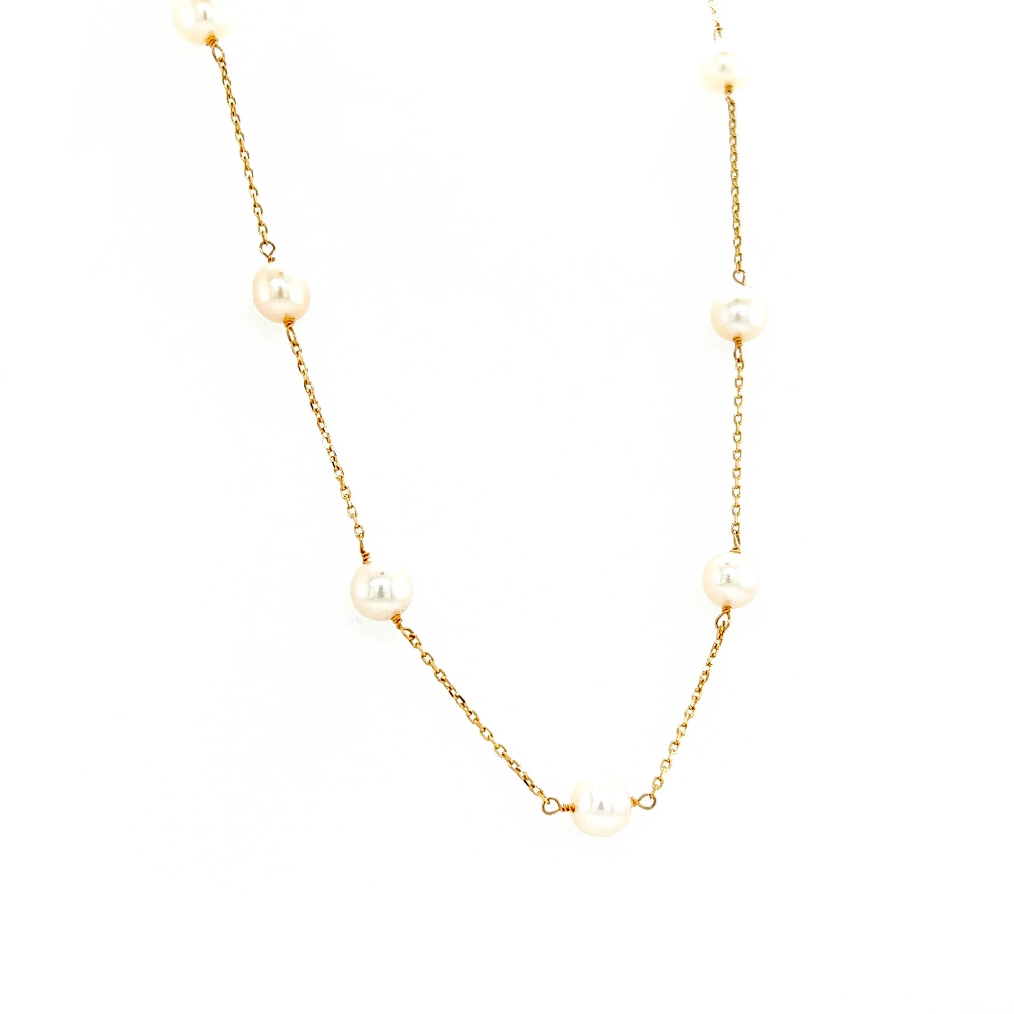 Freshwater Pearl Station Necklace with Fourteen Pearls in 14K Yellow Gold