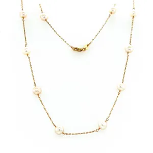 Freshwater Pearl Station Necklace with Fourteen Pearls in 14K Yellow Gold