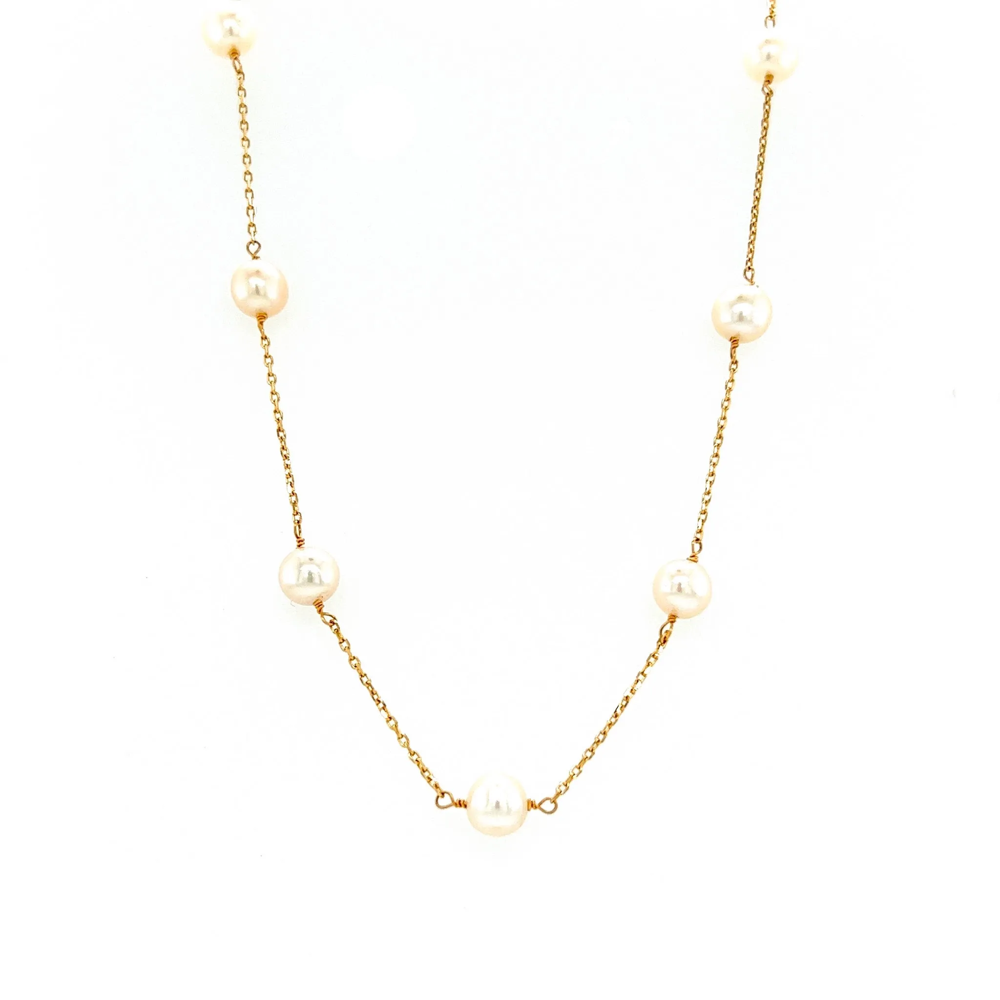 Freshwater Pearl Station Necklace with Fourteen Pearls in 14K Yellow Gold