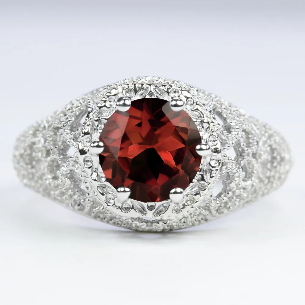 GARNET STERLING SILVER RING VINTAGE STYLE FILIGREE ROUND CUT ART DECO GEMSTONE