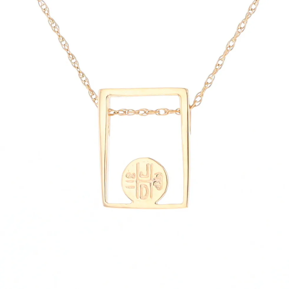 Gold Quartz Necklace Round Inlay Open Rectangle Design Pendant