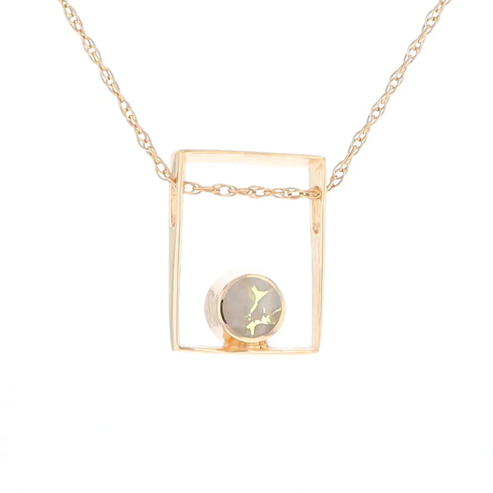 Gold Quartz Necklace Round Inlay Open Rectangle Design Pendant
