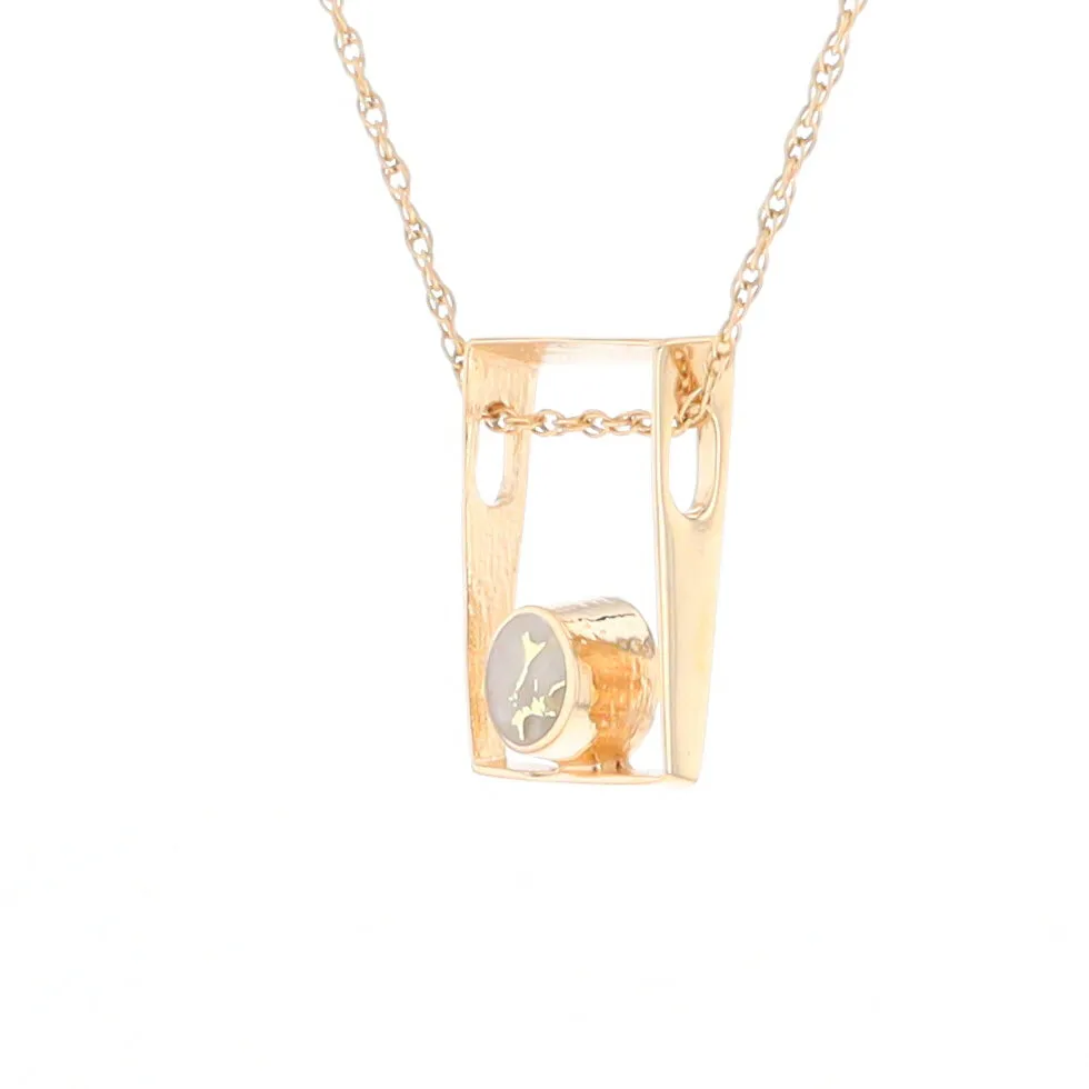 Gold Quartz Necklace Round Inlay Open Rectangle Design Pendant