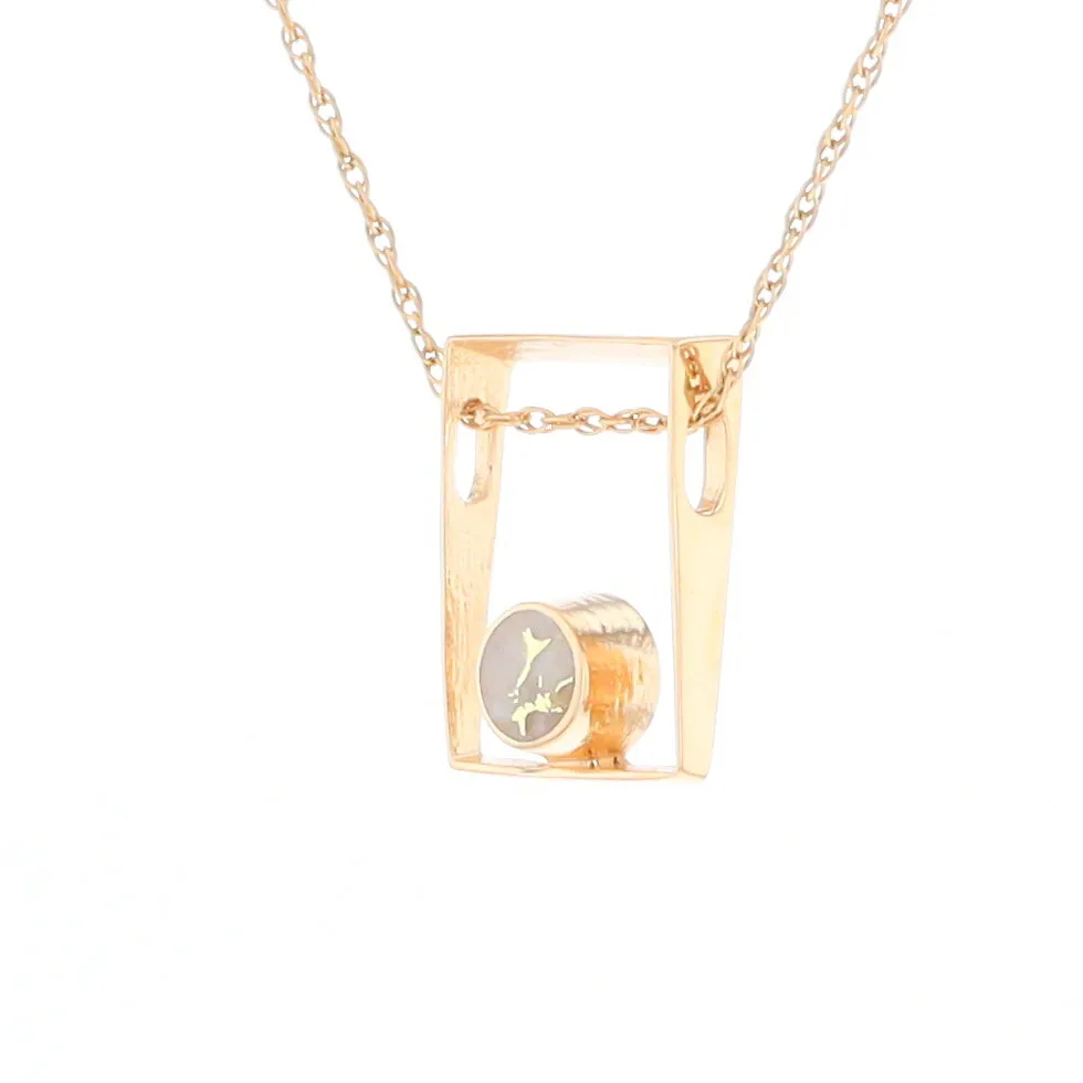 Gold Quartz Necklace Round Inlay Open Rectangle Design Pendant