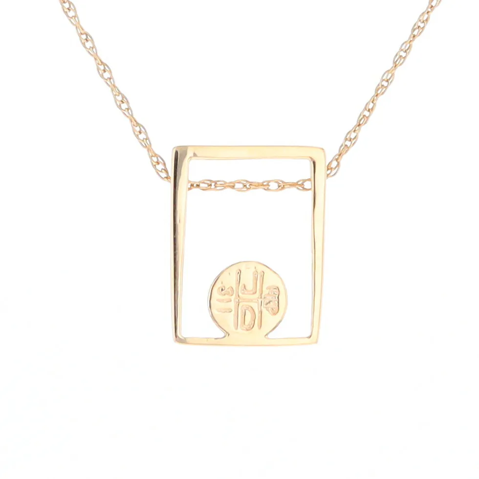 Gold Quartz Necklace Round Inlay Open Rectangle Design Pendant