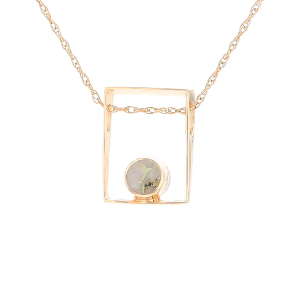 Gold Quartz Necklace Round Inlay Open Rectangle Design Pendant