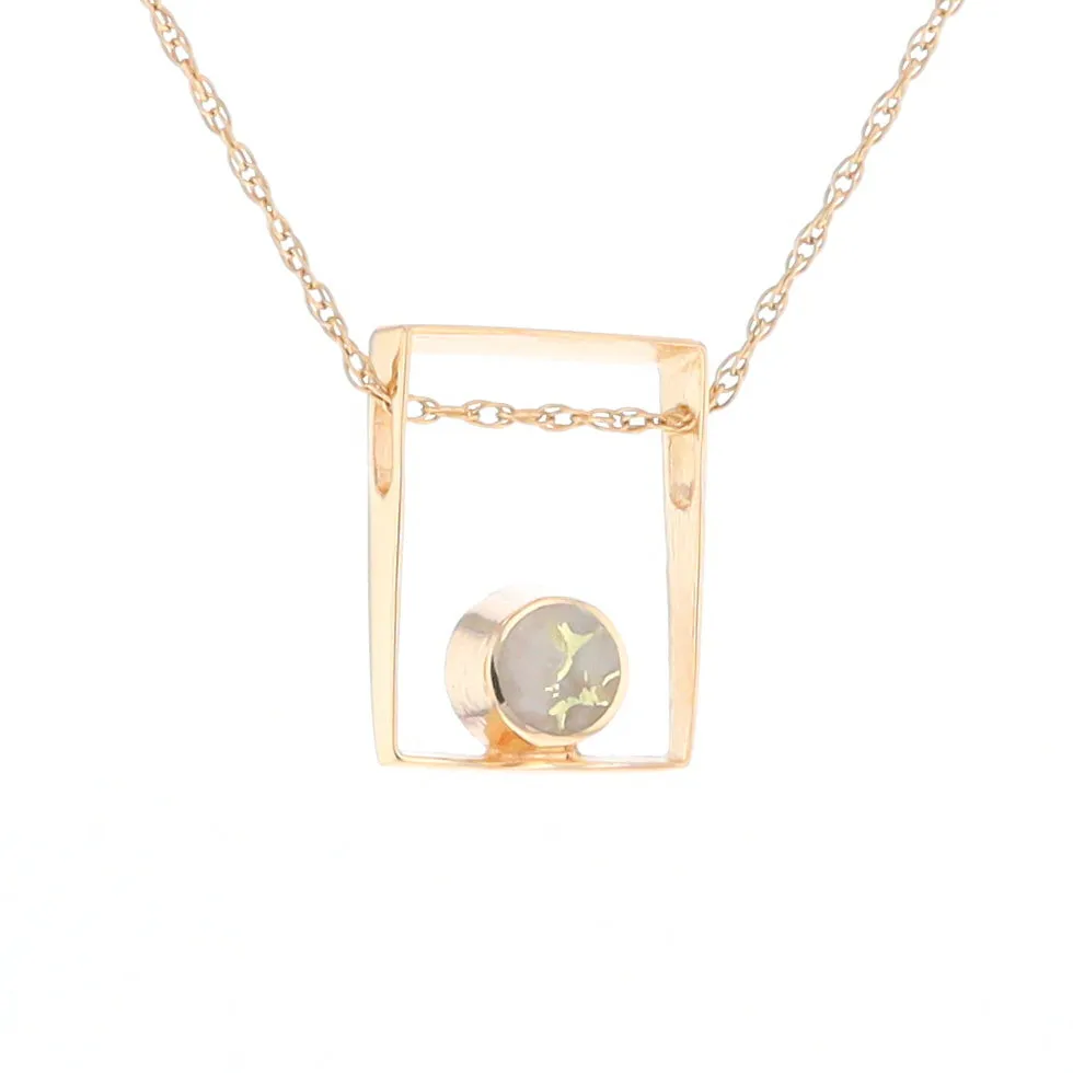 Gold Quartz Necklace Round Inlay Open Rectangle Design Pendant
