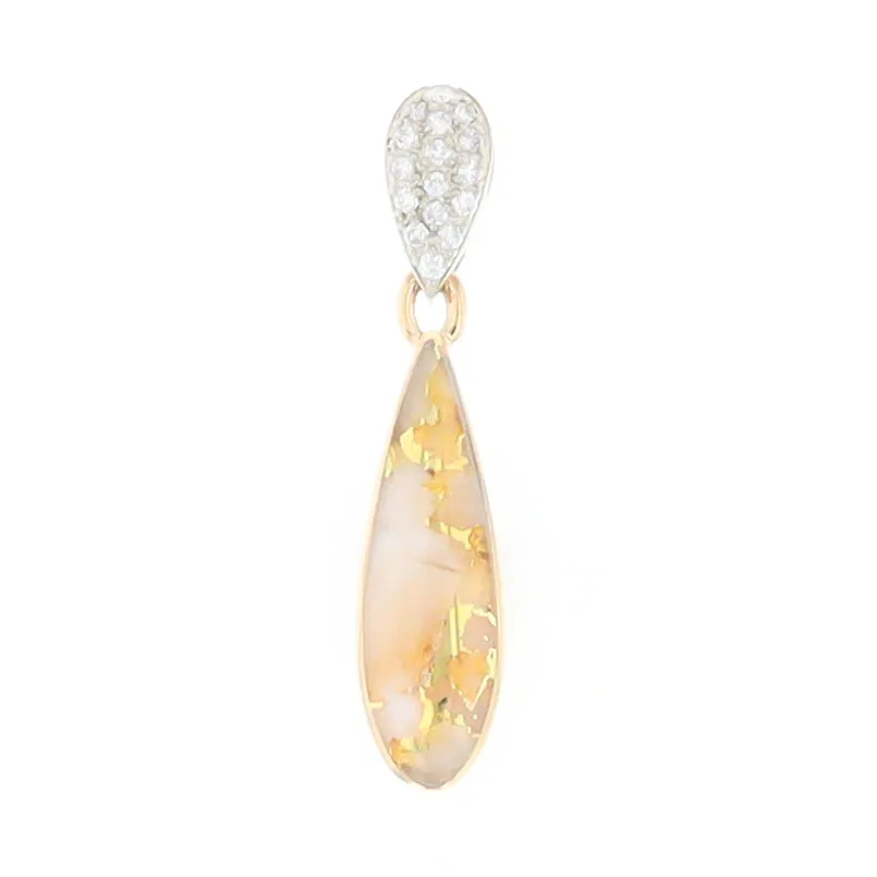 Gold Quartz Necklace Tear Drop Inlaid Pendant with .11ctw Diamonds