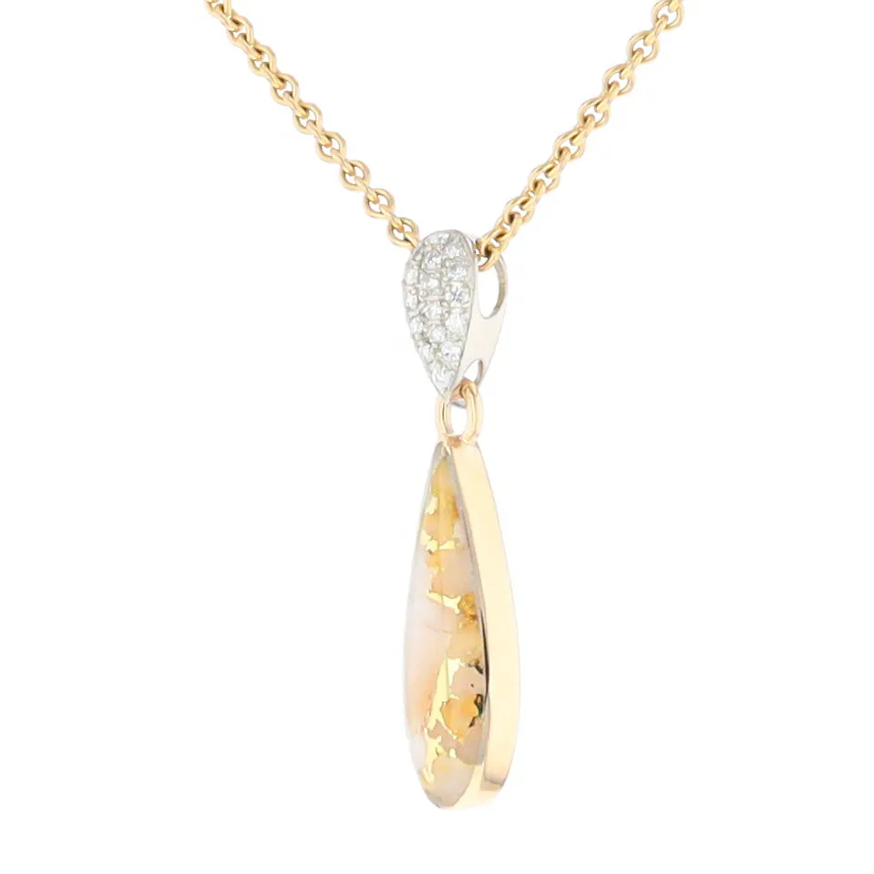 Gold Quartz Necklace Tear Drop Inlaid Pendant with .11ctw Diamonds