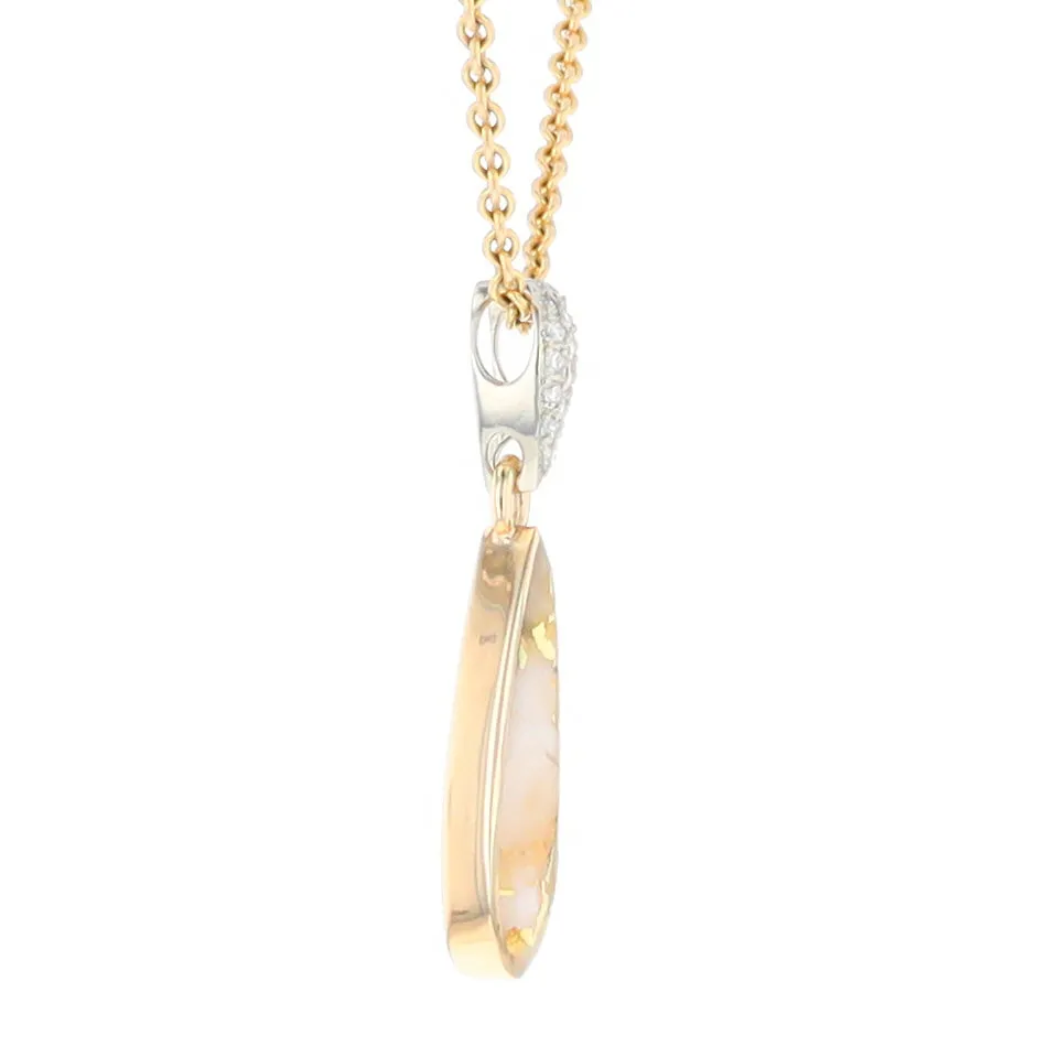 Gold Quartz Necklace Tear Drop Inlaid Pendant with .11ctw Diamonds