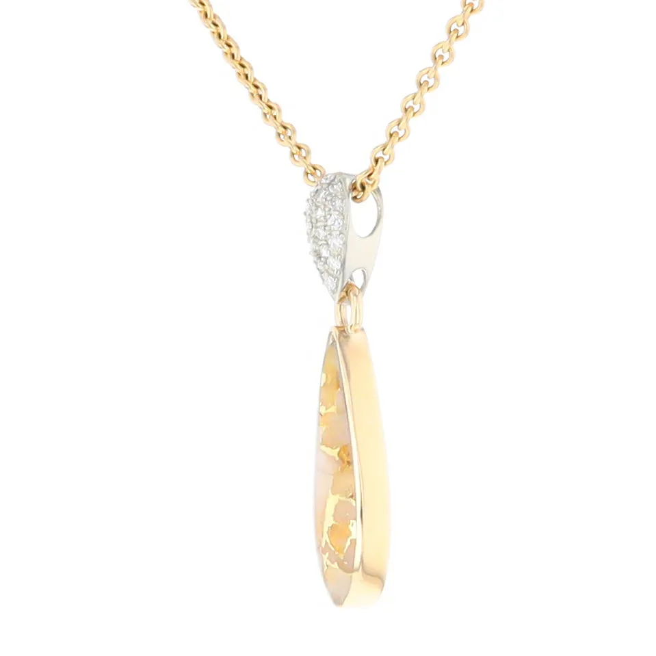 Gold Quartz Necklace Tear Drop Inlaid Pendant with .11ctw Diamonds