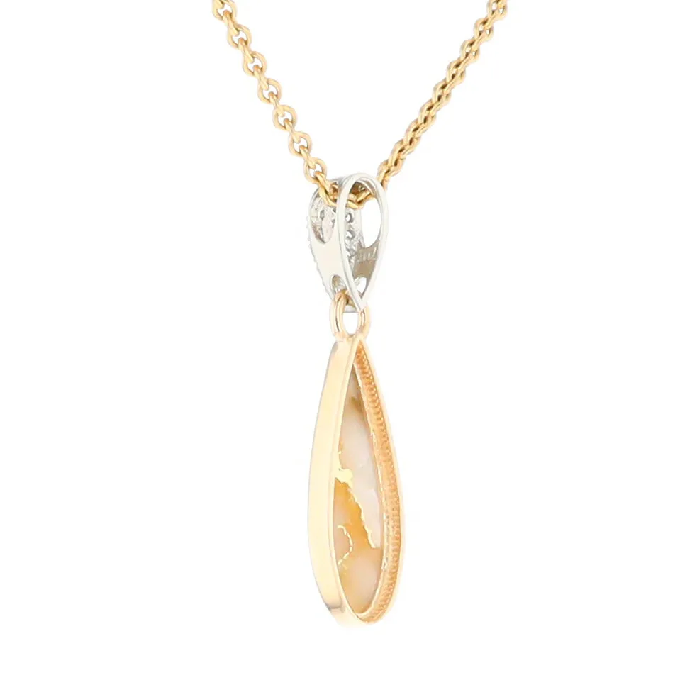 Gold Quartz Necklace Tear Drop Inlaid Pendant with .11ctw Diamonds
