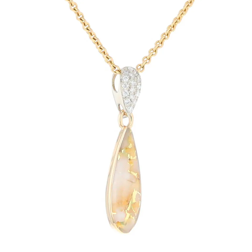 Gold Quartz Necklace Tear Drop Inlaid Pendant with .11ctw Diamonds