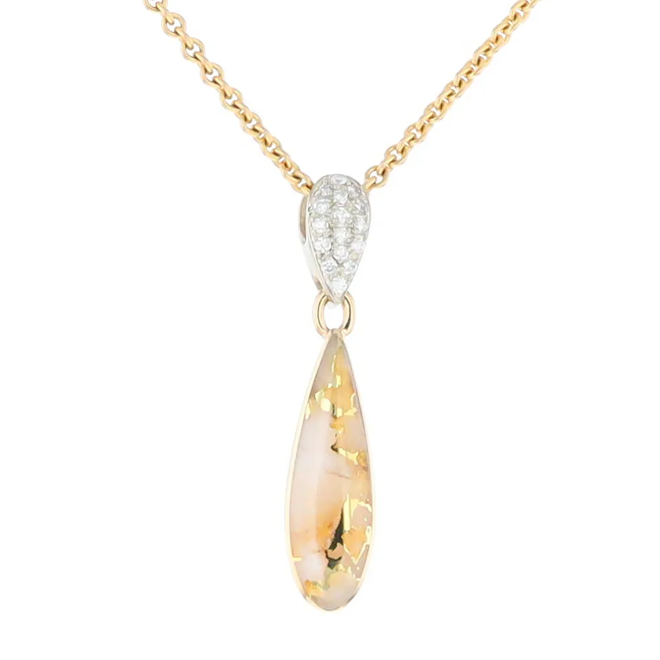 Gold Quartz Necklace Tear Drop Inlaid Pendant with .11ctw Diamonds
