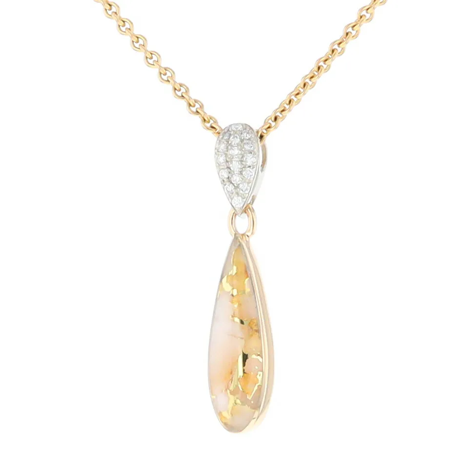 Gold Quartz Necklace Tear Drop Inlaid Pendant with .11ctw Diamonds