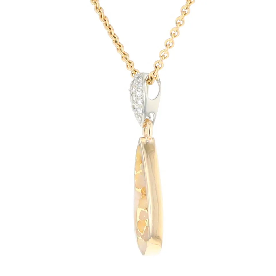 Gold Quartz Necklace Tear Drop Inlaid Pendant with .11ctw Diamonds