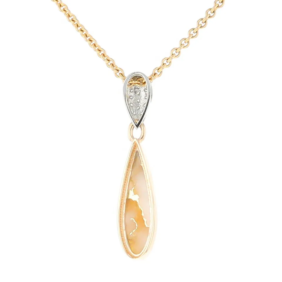 Gold Quartz Necklace Tear Drop Inlaid Pendant with .11ctw Diamonds