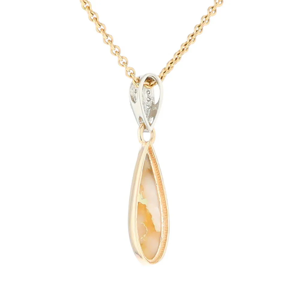 Gold Quartz Necklace Tear Drop Inlaid Pendant with .11ctw Diamonds