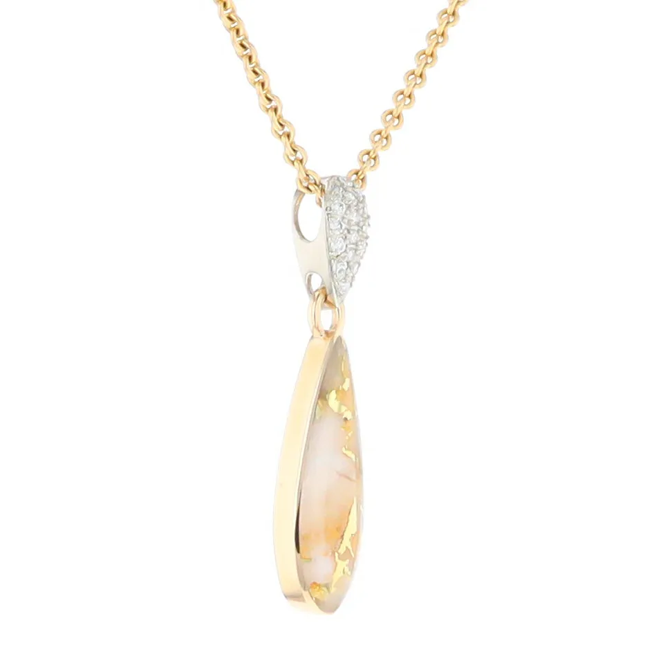 Gold Quartz Necklace Tear Drop Inlaid Pendant with .11ctw Diamonds