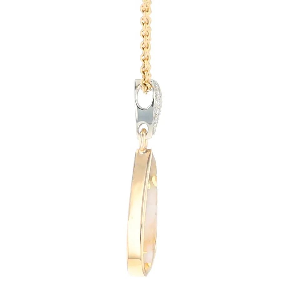 Gold Quartz Necklace Tear Drop Inlaid Pendant with .11ctw Diamonds
