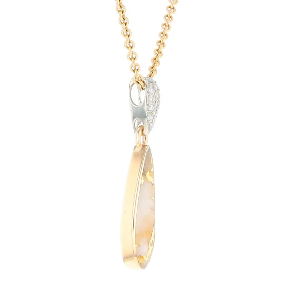 Gold Quartz Necklace Tear Drop Inlaid Pendant with .11ctw Diamonds