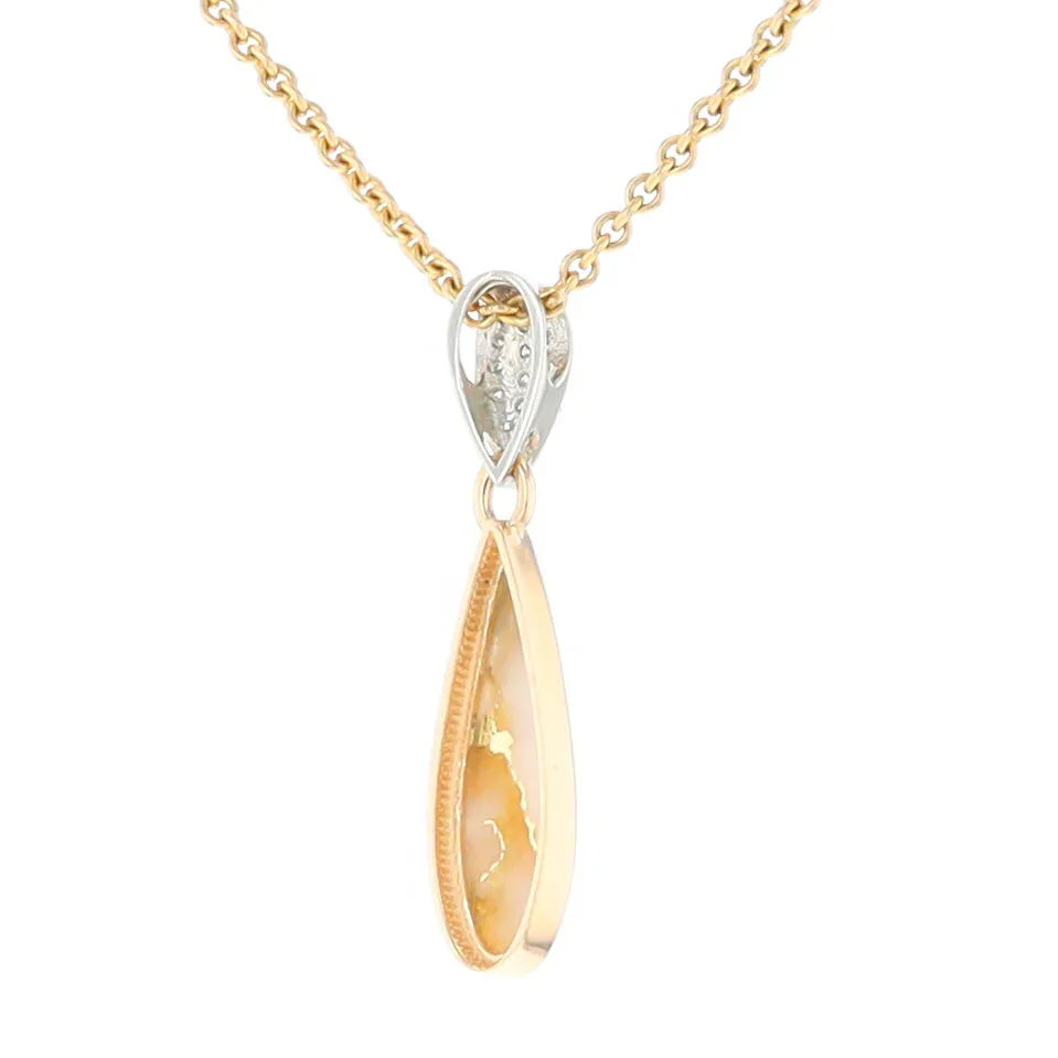 Gold Quartz Necklace Tear Drop Inlaid Pendant with .11ctw Diamonds