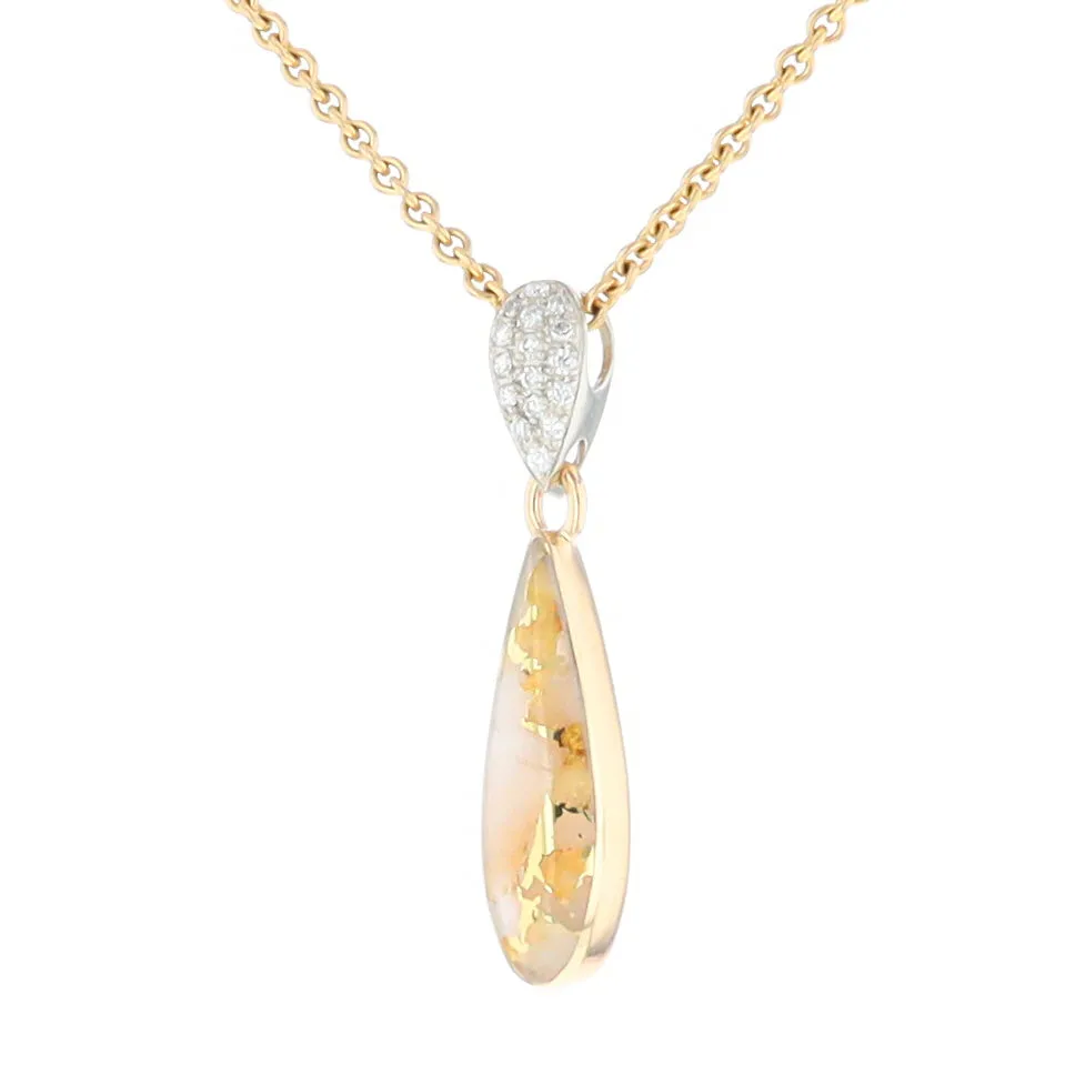 Gold Quartz Necklace Tear Drop Inlaid Pendant with .11ctw Diamonds