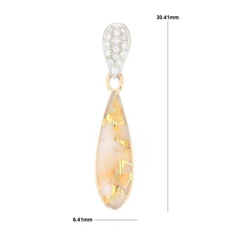 Gold Quartz Necklace Tear Drop Inlaid Pendant with .11ctw Diamonds