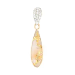 Gold Quartz Necklace Tear Drop Inlaid Pendant with .11ctw Diamonds