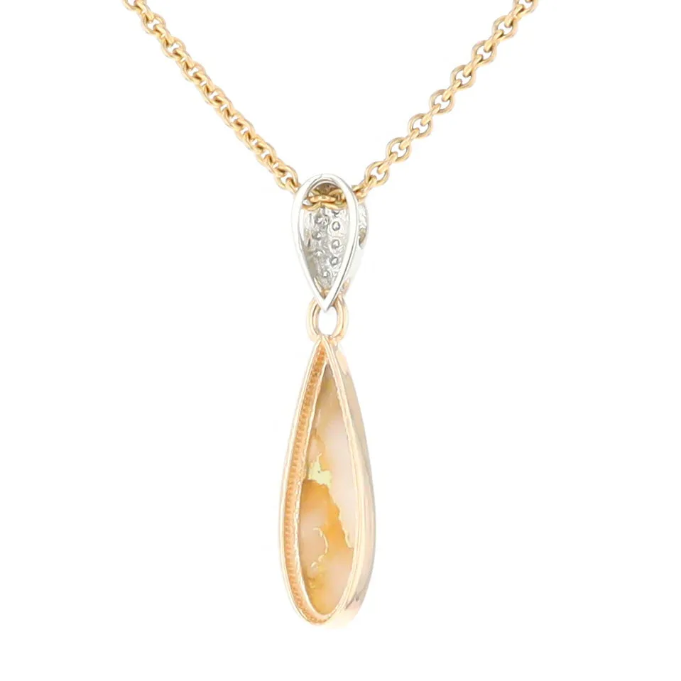 Gold Quartz Necklace Tear Drop Inlaid Pendant with .11ctw Diamonds