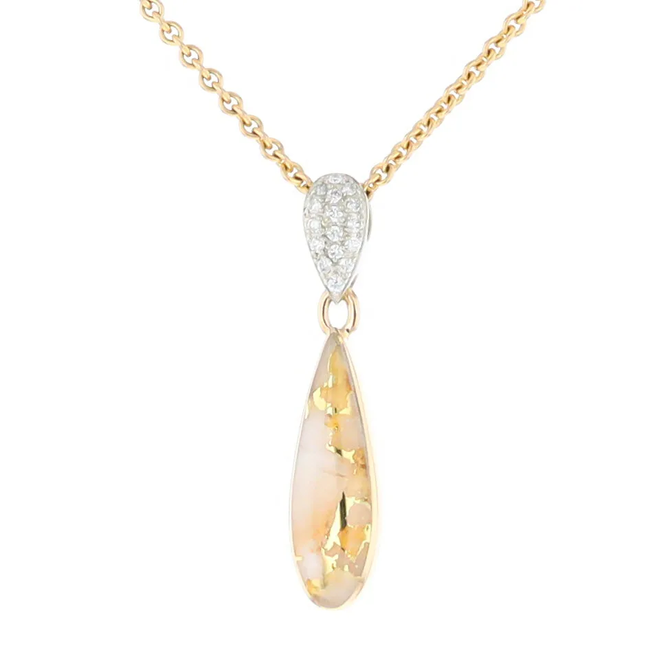 Gold Quartz Necklace Tear Drop Inlaid Pendant with .11ctw Diamonds