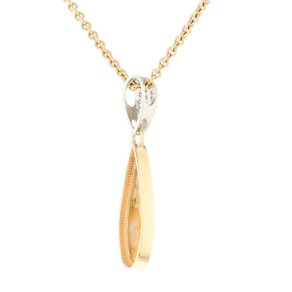 Gold Quartz Necklace Tear Drop Inlaid Pendant with .11ctw Diamonds