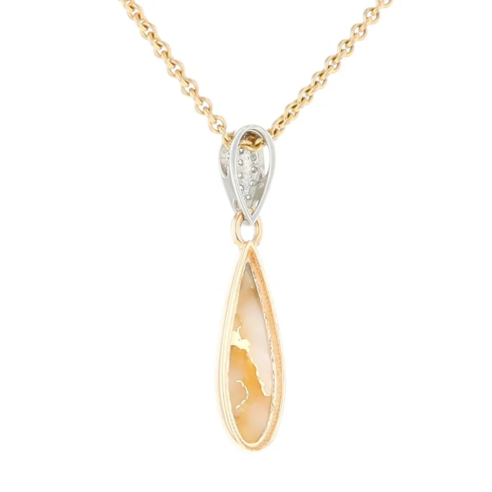 Gold Quartz Necklace Tear Drop Inlaid Pendant with .11ctw Diamonds
