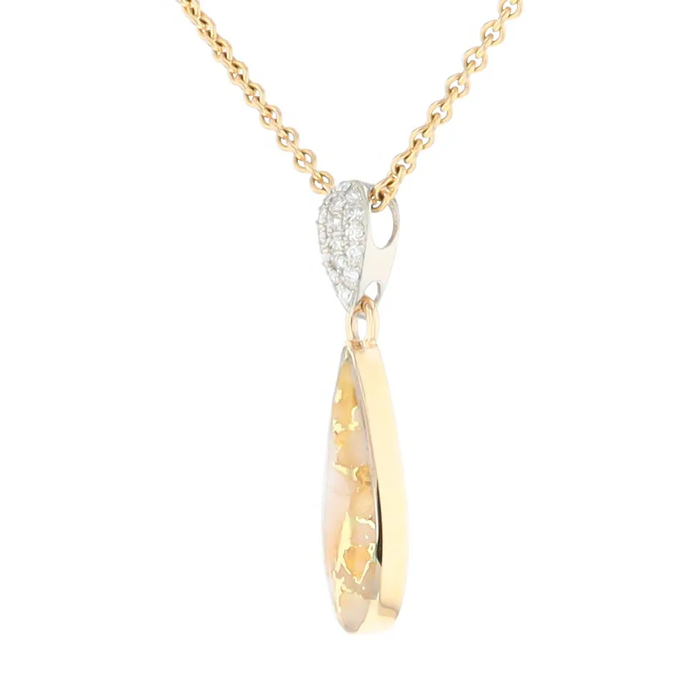 Gold Quartz Necklace Tear Drop Inlaid Pendant with .11ctw Diamonds