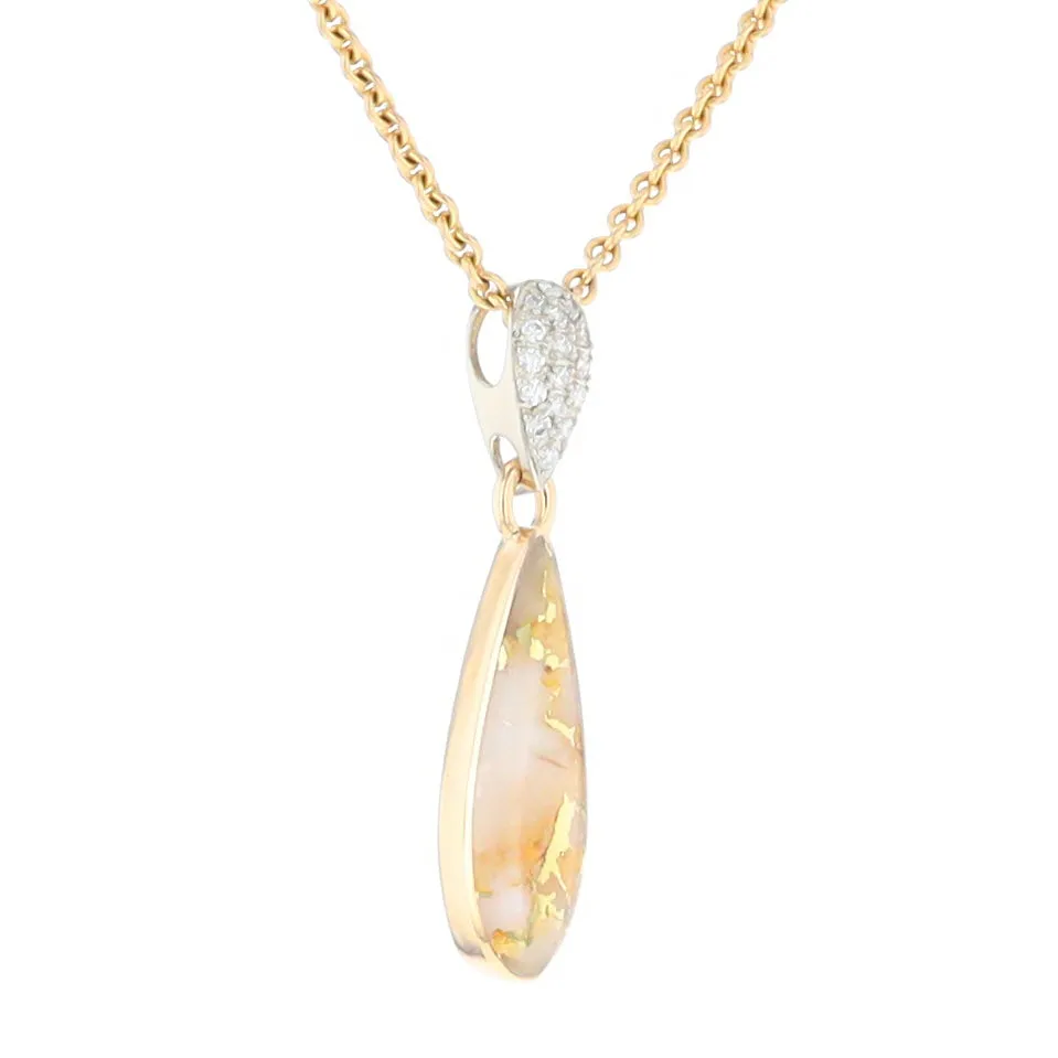 Gold Quartz Necklace Tear Drop Inlaid Pendant with .11ctw Diamonds
