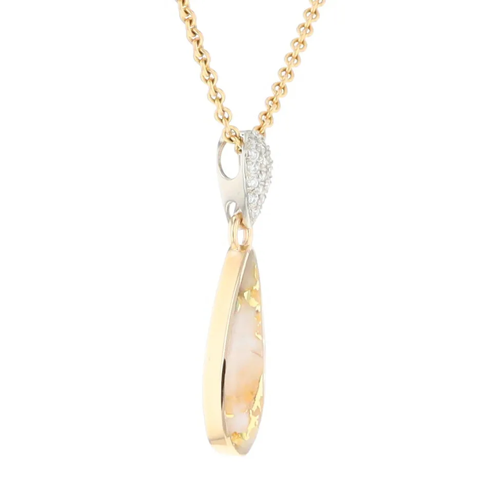 Gold Quartz Necklace Tear Drop Inlaid Pendant with .11ctw Diamonds