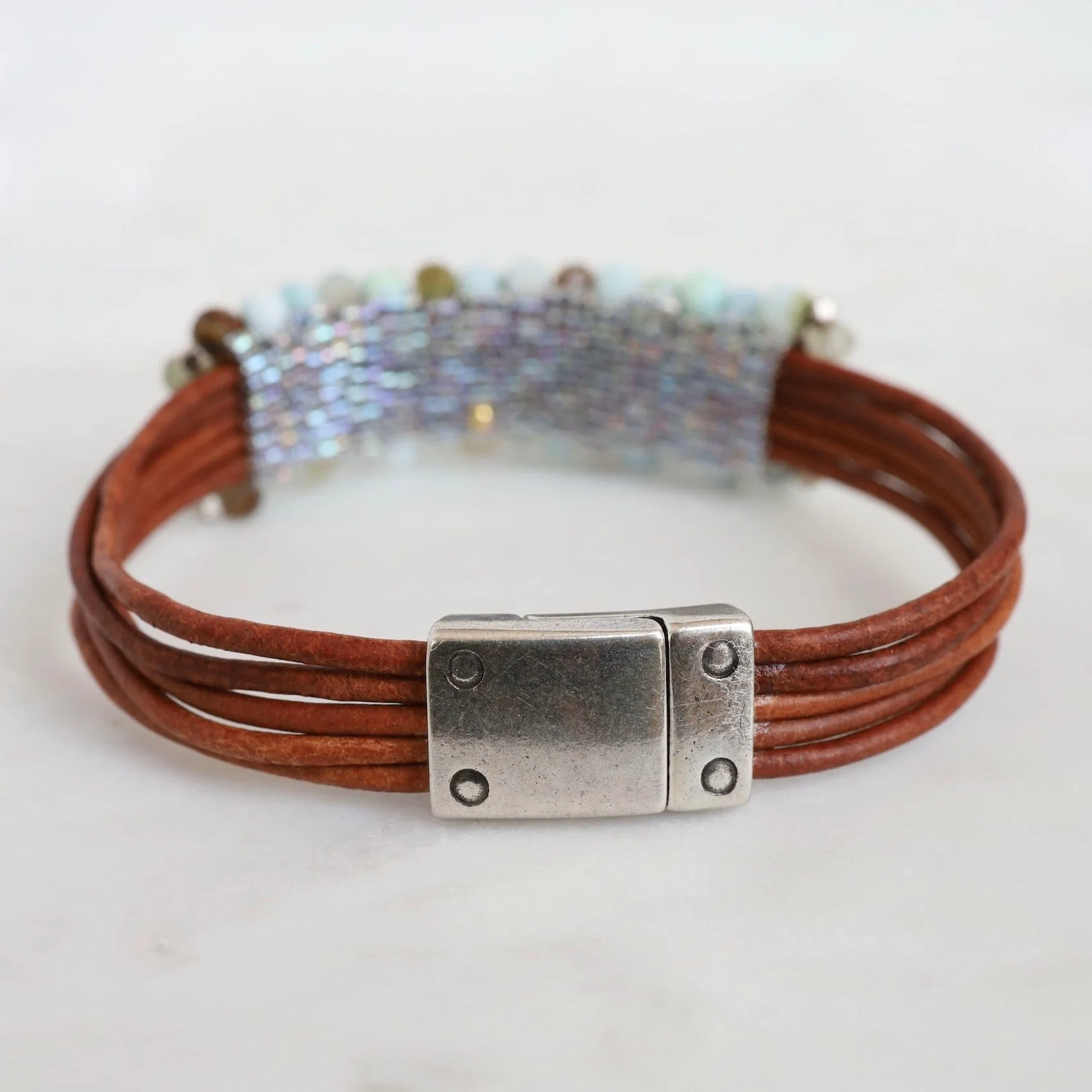 Hand Stitched Green Opal Leather Cuff Bracelet